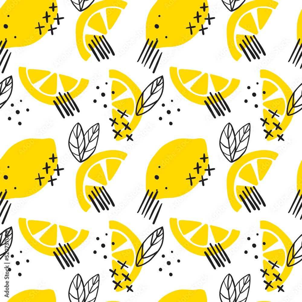 Doodle yellow lemons with black dots seamless pattern