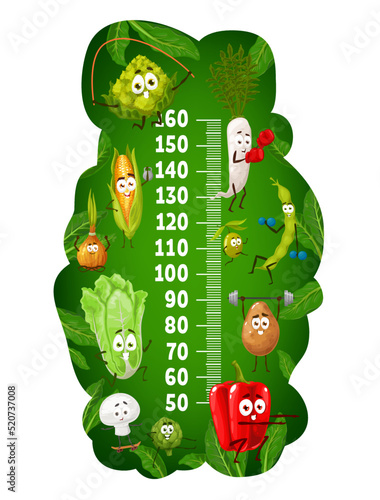 Kids height chart, healthy and fitness vegetables characters, vector growth meter scale with cartoon pepper and potato with gym barbell, potato, cabbage and artichoke on yoga, onion, daikon and corn