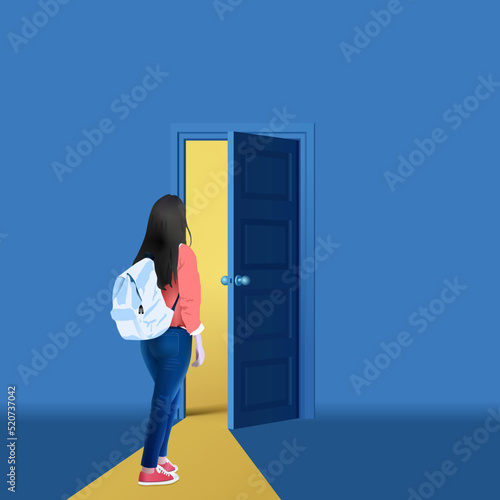 Career path illustration. Student choose ways. Girl with backpack walking through door character vector artwork. Women face challenges. Female empowerment.