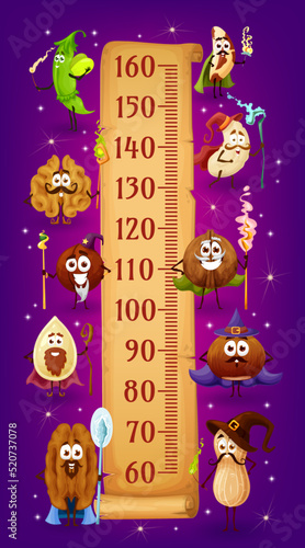Kids height chart with wizards and magician cartoon nuts and legumes, vector growth measure meter. Peanut, hazelnut and walnut sorcerers, macadamia and pecan, pea, cashew and brazil nut mages