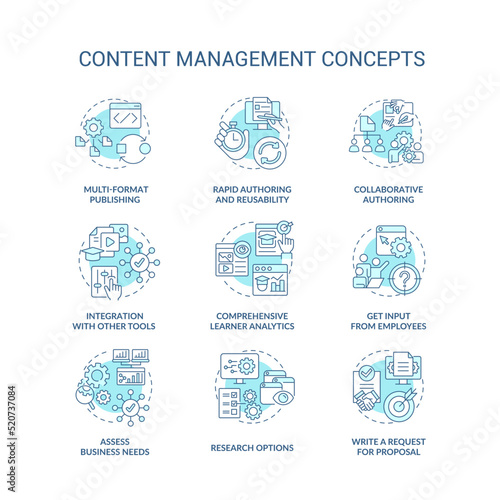 Content management turquoise concept icons set. LMS, CMS functionalities idea thin line color illustrations. Ecommerce. Isolated symbols. Editable stroke. Roboto-Medium, Myriad Pro-Bold fonts used