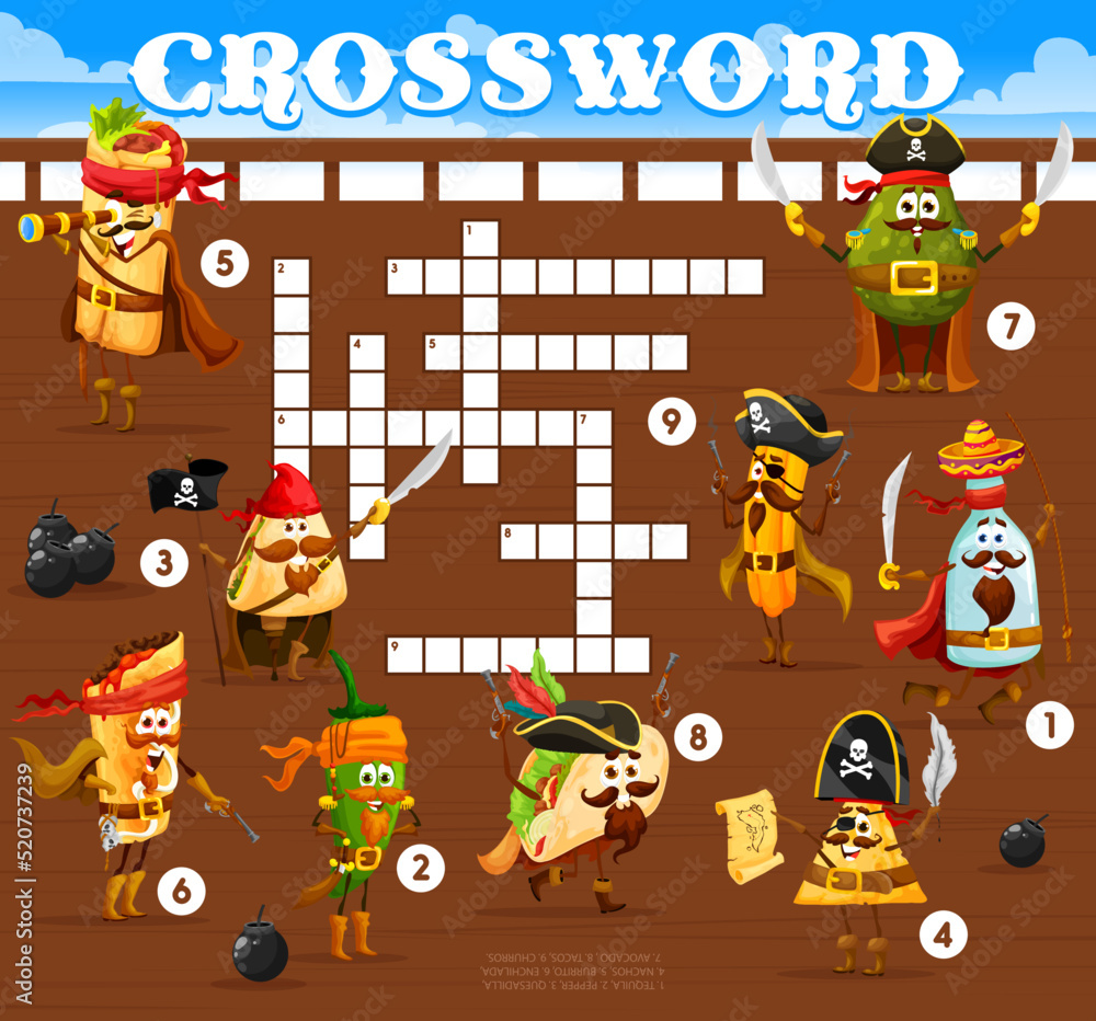 Crossword grid, cartoon Mexican food pirate and corsair characters