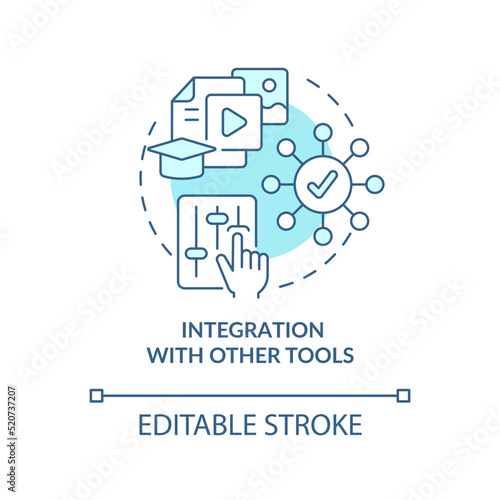 Integration with other tools turquoise concept icon. LCMS feature abstract idea thin line illustration. Multimedia content. Isolated outline drawing. Editable stroke. Arial, Myriad Pro-Bold fonts used
