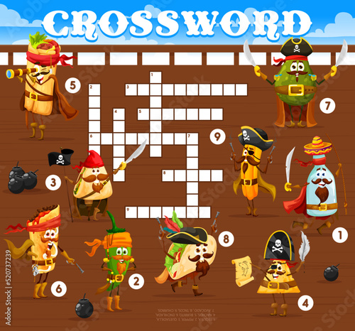 Crossword grid, cartoon Mexican food pirate and corsair characters, vector word quiz game. Crossword worksheet grid to guess words of funny burrito and taco in pirate tricorne hat, avocado and tequila
