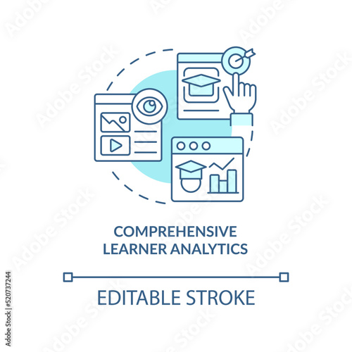 Comprehensive learner analytics turquoise concept icon. Learning content management abstract idea thin line illustration. Isolated outline drawing. Editable stroke. Arial, Myriad Pro-Bold fonts used