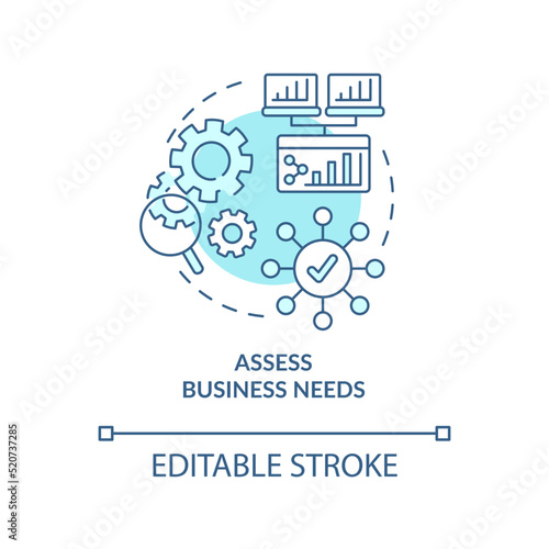 Assess business needs turquoise concept icon. Selecting best CMS abstract idea thin line illustration. Business website. Isolated outline drawing. Editable stroke. Arial, Myriad Pro-Bold fonts used
