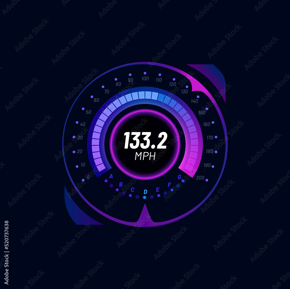 Futuristic car speedometer digital gauge neon dial. Automobile dashboard vector interface, car isolated speed meter gauge or motorbike speedometer display with MPH data, gear and engine boost scale