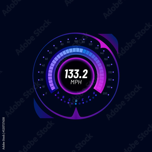Futuristic car speedometer digital gauge neon dial. Automobile dashboard vector interface, car isolated speed meter gauge or motorbike speedometer display with MPH data, gear and engine boost scale