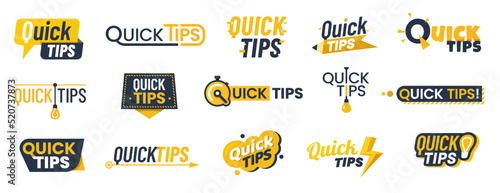 Quick tips icons, badges, advice and idea bulb or trick suggestions, vector symbols. Quick tips and useful information hint bubbles, help message stickers with lightbulb, arrow and stopwatch