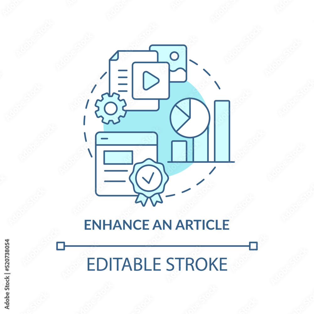 Enhance article turquoise concept icon. Media embeddedness use method abstract idea thin line illustration. Isolated outline drawing. Editable stroke. Arial, Myriad Pro-Bold fonts used