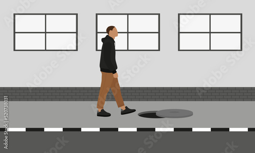 Male character stepping on an open hatch on pavement