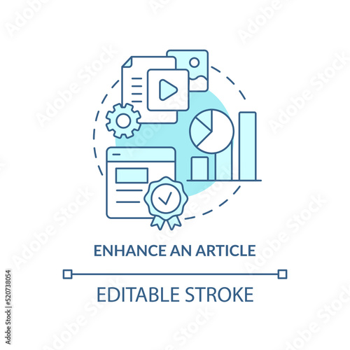 Enhance article turquoise concept icon. Media embeddedness use method abstract idea thin line illustration. Isolated outline drawing. Editable stroke. Arial, Myriad Pro-Bold fonts used
