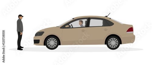 Beige passenger car with a driver and a male character in front of the car on a white background