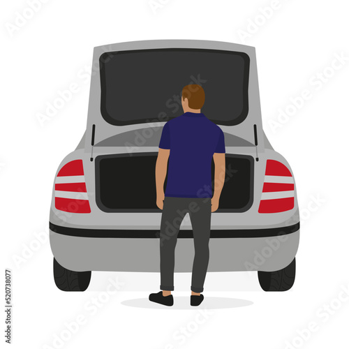 A male character is standing near a car with an open trunk on a white background