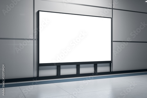 Clean white mockup banner in underground corridor with tile wall. Ad and commercial concept. Mock up, 3D Rendering.