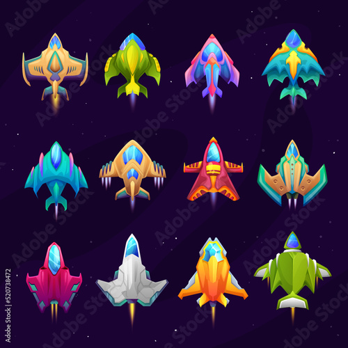 Fototapeta Naklejka Na Ścianę i Meble -  Cartoon starship, spacecraft and spaceship icons. Vector fantasy rockets, futuristic shuttles, vehicles for travel in outer space. Game asset of isolated space ships