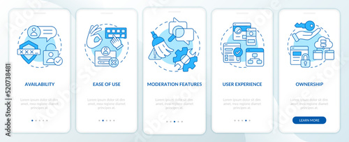 Commenting platform features blue onboarding mobile app screen. Walkthrough 5 steps editable graphic instructions with linear concepts. UI, UX, GUI template. Myriad Pro-Bold, Regular fonts used