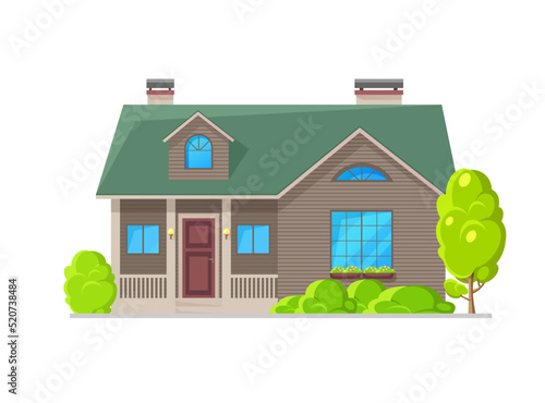Residential house with wood plank facade exterior. Modern cottage house exterior, flat vector contemporary neighborhood building. Suburban real estate property home with pitched roof, porch and trees