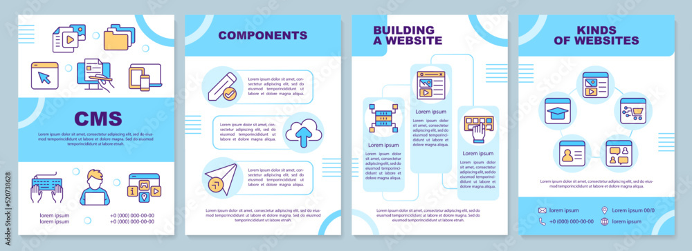 CMS for website development blue brochure template. Components. Leaflet design with linear icons. Editable 4 vector layouts for presentation, annual reports. Arial-Black, Myriad Pro-Regular fonts used