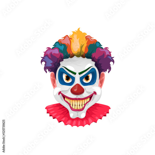 Scary circus monster face isolated clown cartoon character. Vector evil joker with yellow teeth, crazy smile, red noses and colored wigs. Halloween holiday funster comedian, dangerous maniac nightmare photo