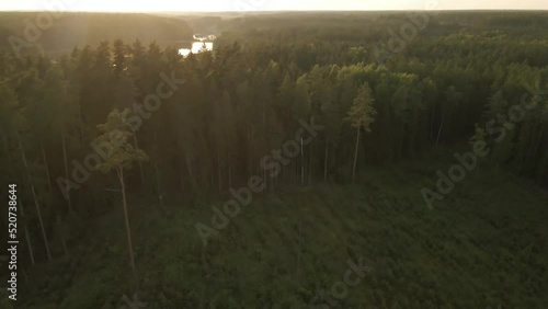 Slow and cinematic flight over European forest and lakes landscape view during sunset. Flight over dark forest and yellow sunset sky. Sun reflection into lake surface
