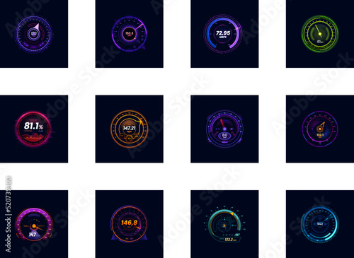 Car futuristic speedometer gauge dial. Automobile tachometer led vector circle display with Mph data and engine service icons. Future vehicle odometer screen or car dashboard power control counter