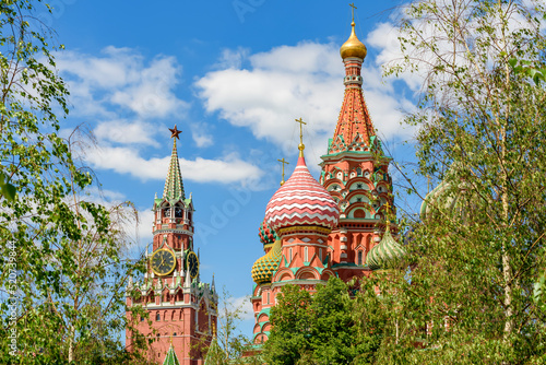 Moscow cityscape with Cathedral of Vasily the Blessed (Saint Basil's Cathedral) and Spasskaya Tower on Red Square, Russia