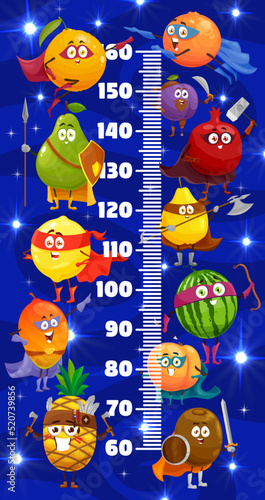 Kids height chart with cartoon superhero fruits characters, vector growth measure meter ruler with cartoon orange, pineapple and mango, garnett and pear, kiwi, watermelon and lemon fruits personages