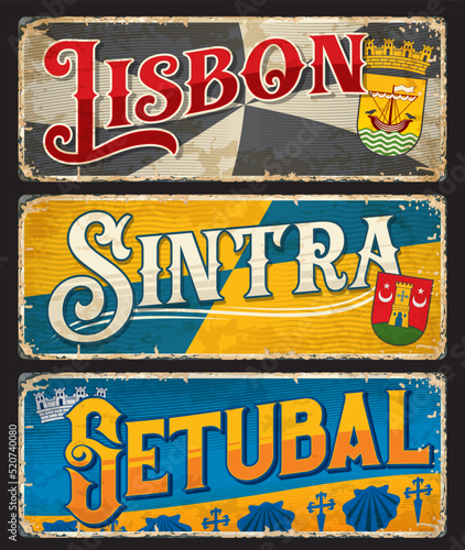 Lisbon, Setubal, Sintra, Portuguese city plates and travel stickers, Portugal vector tin signs. Portuguese cities destinations and voyage luggage tags or vintage tin plates with travel landmarks
