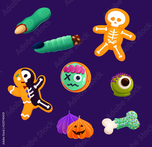 Cartoon Halloween gingerbread cookies, witch fingers and holiday sweets. Halloween trick or treat party vector dessert food, pumpkin biscuits in shape of skull, skeleton, bone, monster eyeball, zombie