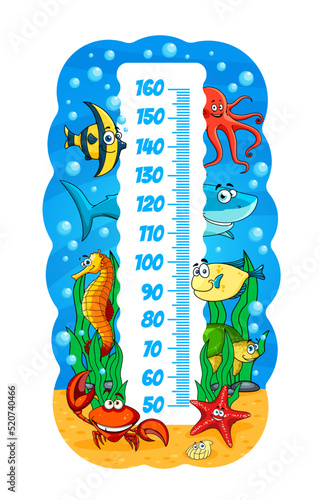 Kids height chart, underwater cartoon sea animals, vector growth measure meter scale with fish in ocean water, octopus and funny seahorse, shark and crab, turtle and starfish
