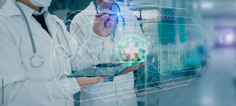 Medicine doctor using digital healthcare and network connection on hologram modern virtual screen interface icons, Medical technology futuristic concept. Medicine doctor using digital healthcare and network connection on hologram modern virtual screen interface icons, Medical technology futuristic concept.