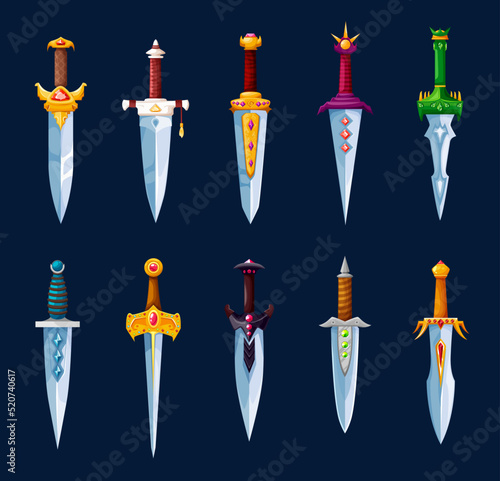 Magical cartoon steel dagger and stiletto isolated blades. Vector knight swords decorated with precious gems, warrior weapon with golden handles. UI game asset for computer game, magic armor set