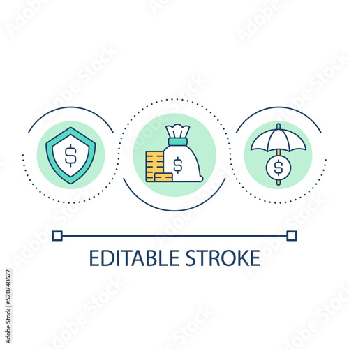 Protection against financial loss loop concept icon. Cash insurance abstract idea thin line illustration. Bank account. Financial future. Isolated outline drawing. Editable stroke. Arial font used