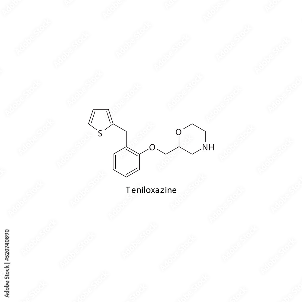 Teniloxazine molecule flat skeletal structure, Selective NRI - Selective norepinephrine reuptake inhibitor class drug used in depression treatment. Vector illustration on white background. Teniloxazine molecule flat skeletal structure, Selective NRI - Selective norepinephrine reuptake inhibitor class drug used in depression treatment. Vector illustration on white background.