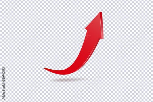 Growing Red Arrow up. Growth chart sign. Flexible arrow indication statistic. Colorful curve arrow of trend on transparent. Trading stock news impulses. Trade infographic. Realistic 3d vector design