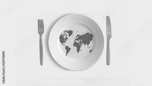 concept image food crisis and deficit- Plate empty with world map-White background.