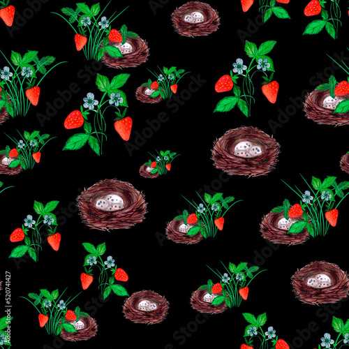 seamless pattern. Nest and bushes with strawberries, white flowers and green leaves. watercolor.
