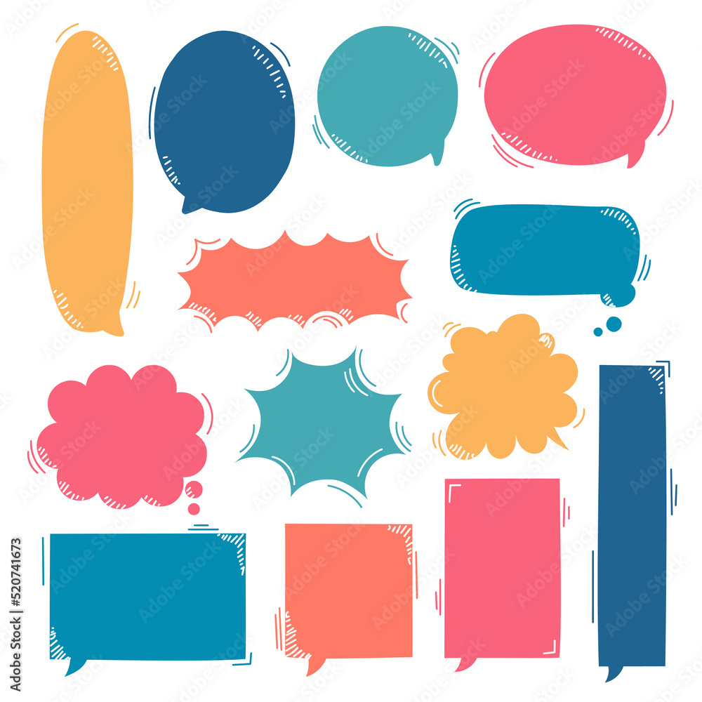 collection set of hand drawing frame border, blank speech bubble balloon, think, speak, talk, text box, banner, flat, design, vector illustration