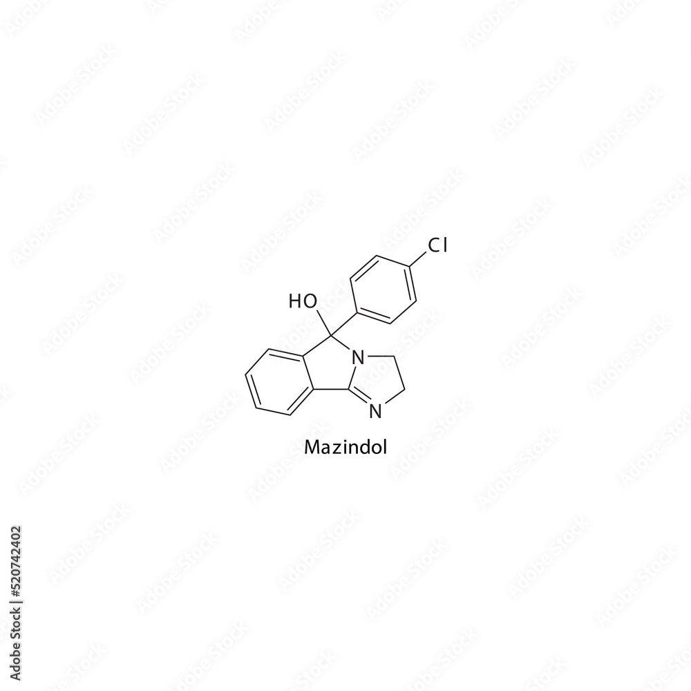 Mazindol molecule flat skeletal structure, Selective NRI - Selective norepinephrine reuptake inhibitor class drug used in appetite suppression. Vector illustration on white background. Mazindol molecule flat skeletal structure, Selective NRI - Selective norepinephrine reuptake inhibitor class drug used in appetite suppression. Vector illustration on white background.