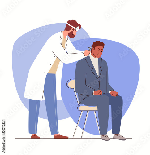 ENT doctor examines patient's ear with instrument, removes sulfur plug.  Man at appointment with otolaryngologist. Vector illustration flat cartoon.