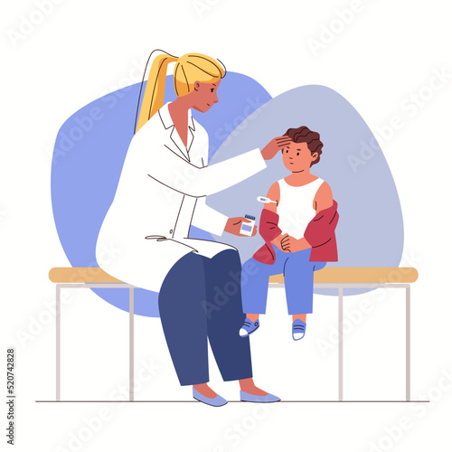Sick child with friendly, caring doctor. Kid got cold. Child's body temperature is measured and medicines are given. Characters in colored flat vector illustration isolated on white background.
