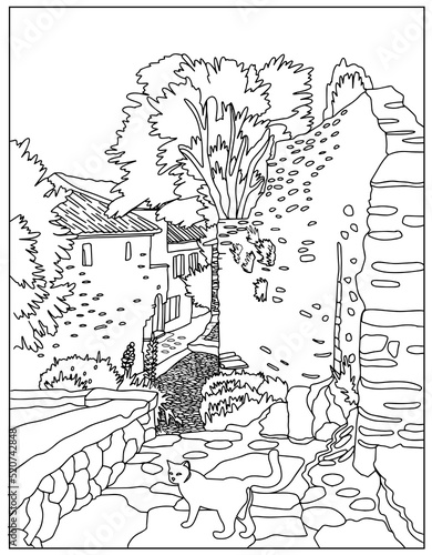 Coloring book . Lovely cozy old street. Vector art line background.