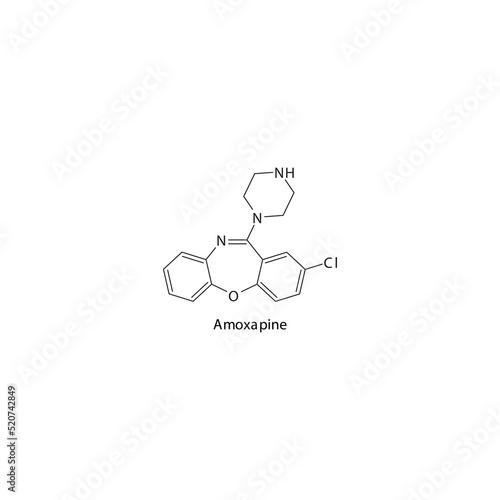 Amoxapine molecule flat skeletal structure, TeCA - Tetracyclic antidepressant class drug used in depression treatment. Vector illustration on white background.