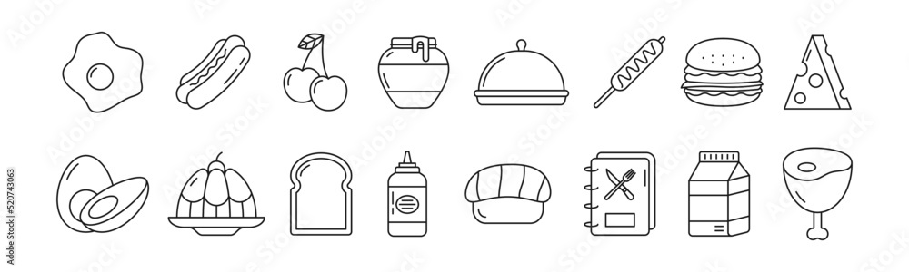 Foods and Beverages line art icon set design template vector illustration Foods and Beverages line art icon set design template vector illustration