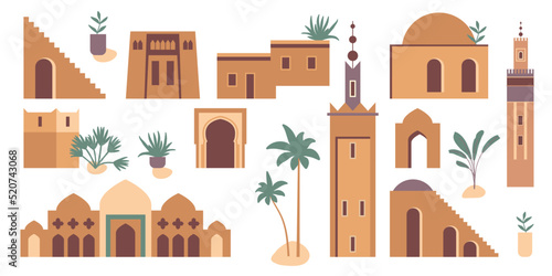 Vector architecture set. Morocco inspired flat illustration with mosque, tower, house, plants, palm trees. Graphic ollection of earthy colored buildings clip art. Abstract travel design template photo