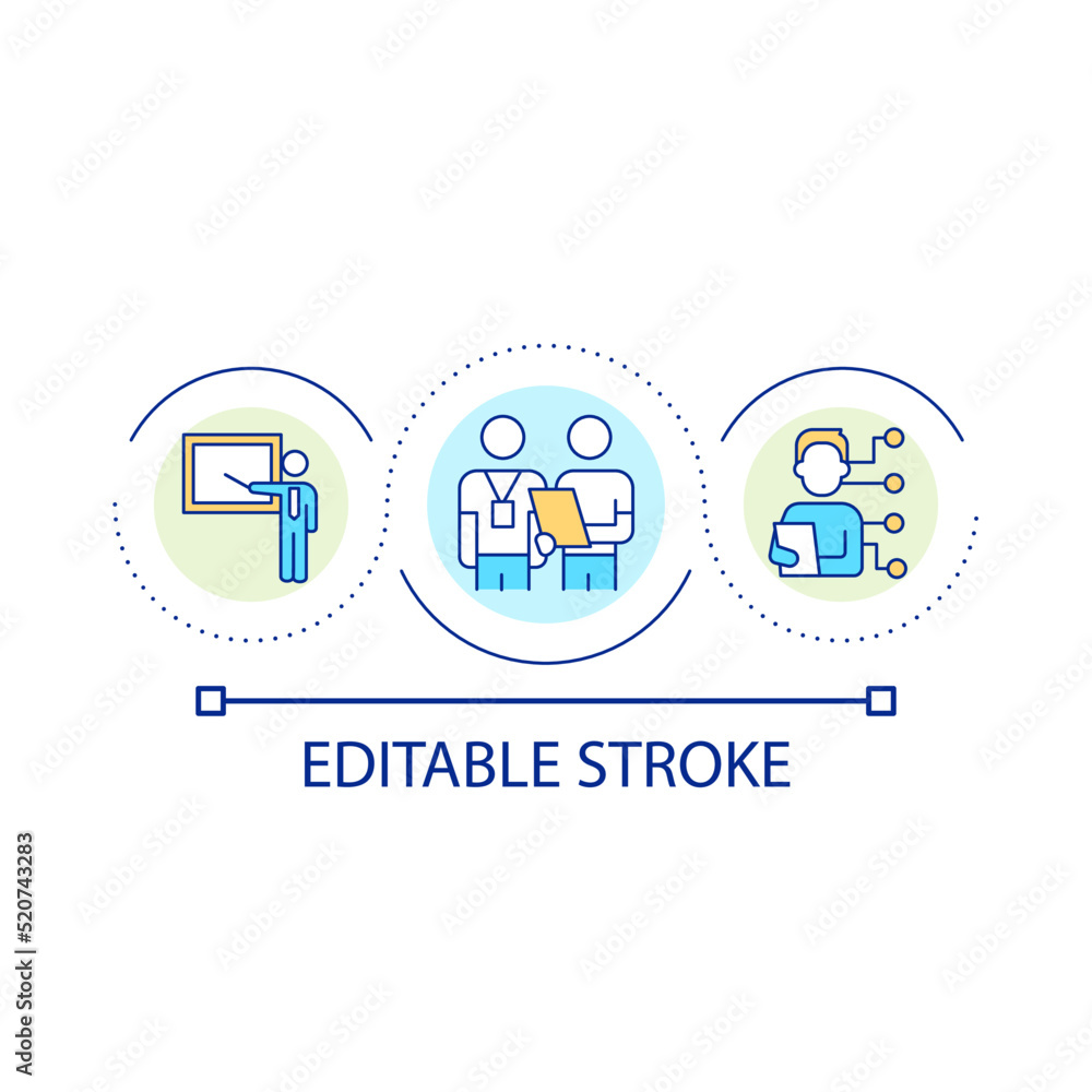 Business training loop concept icon. Education program for company staff. Coaching and support abstract idea thin line illustration. Isolated outline drawing. Editable stroke. Arial font used Business training loop concept icon. Education program for company staff. Coaching and support abstract idea thin line illustration. Isolated outline drawing. Editable stroke. Arial font used