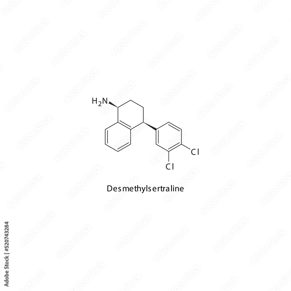 Desmethylsertraline molecule flat skeletal structure, SNDRI - Serotonin norepinephrine dopamine reuptake inhibitor. Vector illustration on white background. Desmethylsertraline molecule flat skeletal structure, SNDRI - Serotonin norepinephrine dopamine reuptake inhibitor. Vector illustration on white background.