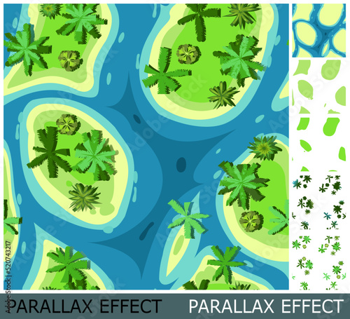 Top view of landscape from height. River and sand. Image from layers for overlay with parallax effect. Green summer scenery with trees. Seamless illustration in flat style. Cartoon design. Vector.