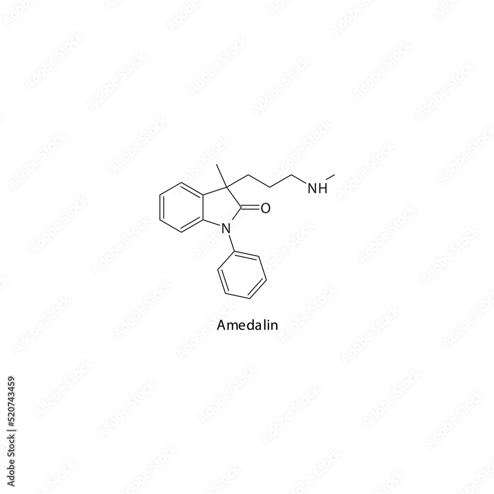 Amedalin molecule flat skeletal structure, Selective NRI - Selective norepinephrine reuptake inhibitor class drug used in neuropathic pain treatment. Vector illustration on white background. Amedalin molecule flat skeletal structure, Selective NRI - Selective norepinephrine reuptake inhibitor class drug used in neuropathic pain treatment. Vector illustration on white background.